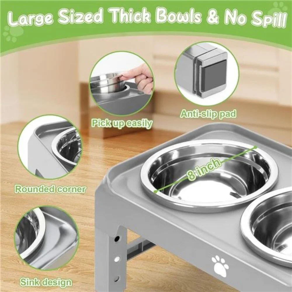Elevated Raised Dog Bowl Stand with 2 Stainless Steel Bowls, Adjustable Height