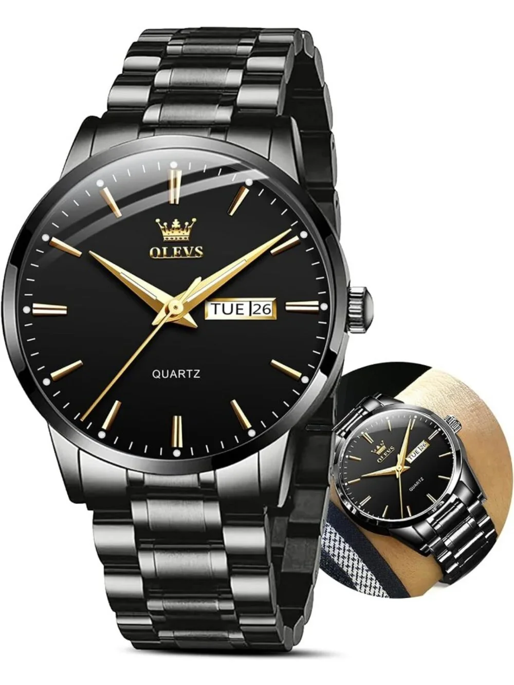 Men's Black Stainless Steel Solid Luminous Quartz Waterproof Round Classic Watch