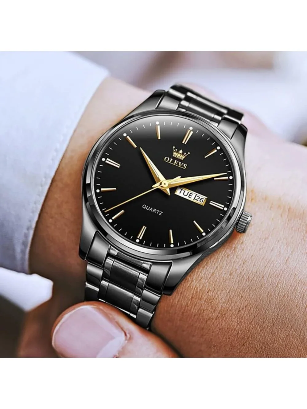 Men's Black Stainless Steel Solid Luminous Quartz Waterproof Round Classic Watch