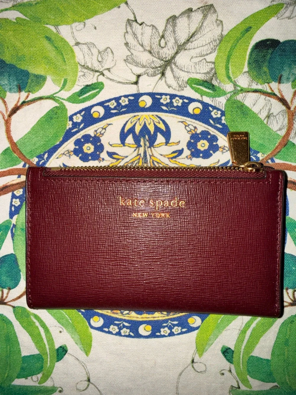 kate spade Burgundy Saffiano Leather Zip Card Wallet with Gold Hardware