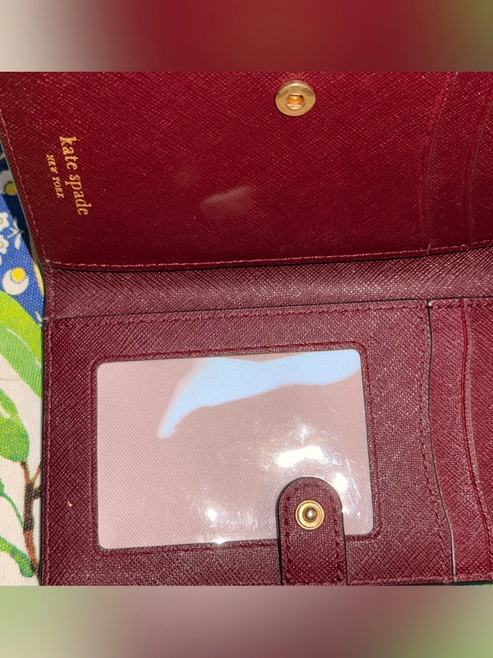 kate spade Burgundy Saffiano Leather Zip Card Wallet with Gold Hardware