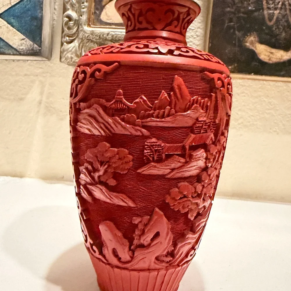 Vintage Chinese Cinnabar Lacquer Vase‎ Hand-Carved Landscape Scene, Blue Enamel