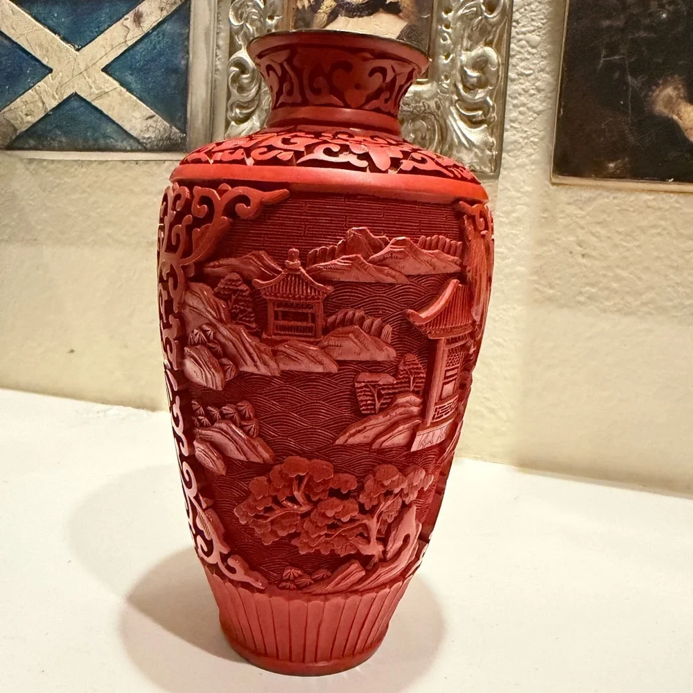 Vintage Chinese Cinnabar Lacquer Vase‎ Hand-Carved Landscape Scene, Blue Enamel
