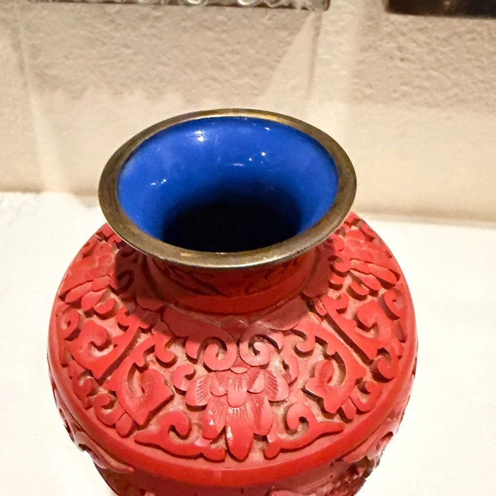 Vintage Chinese Cinnabar Lacquer Vase‎ Hand-Carved Landscape Scene, Blue Enamel
