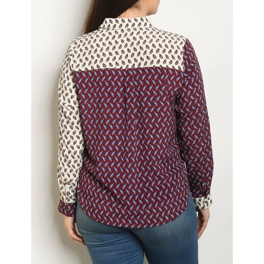 WINE & IVORY PRINT BLOUSE WITH ROLL TAB SLEEVES