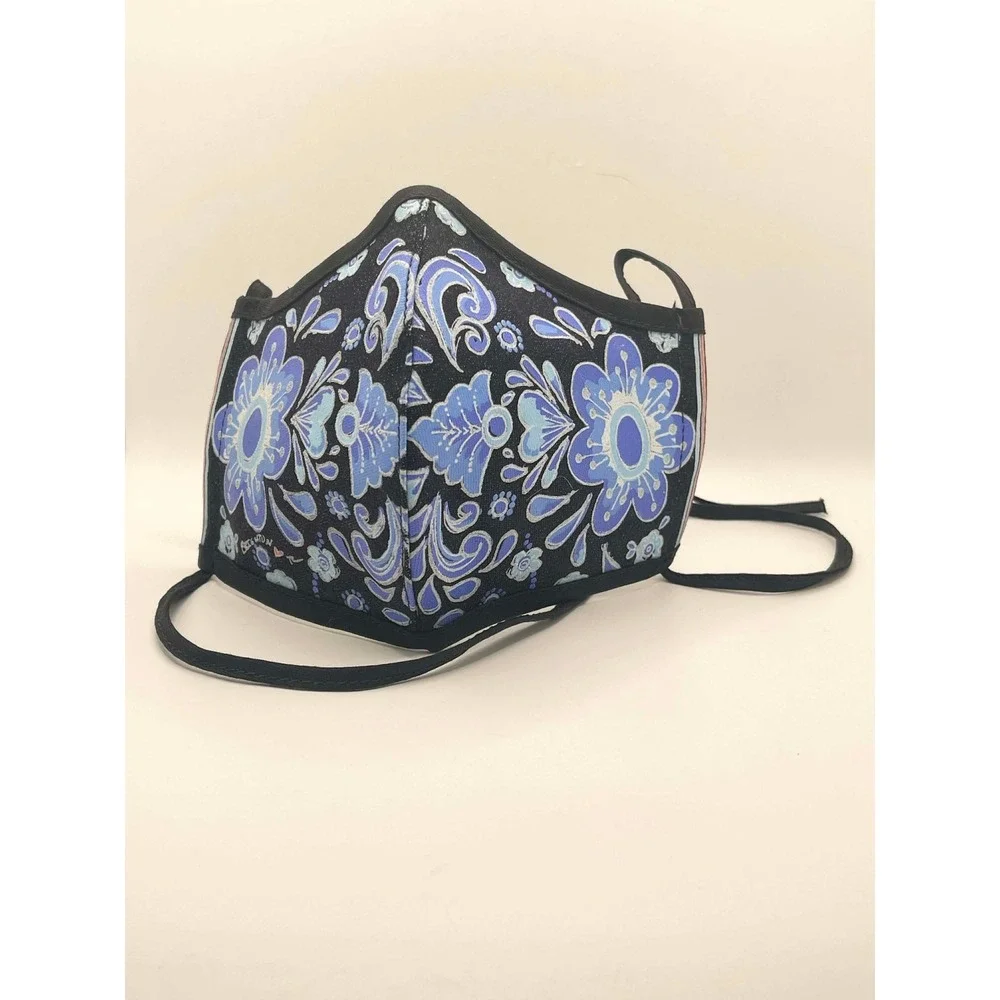 Brighton Reversible Floral Face Mask Hand Painted Blue White Multi Color‎ set