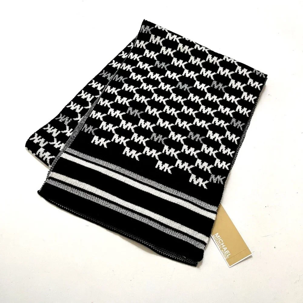 Michael Kors MK Logo Knit Scarf Black White Silver Unisex NWT 11