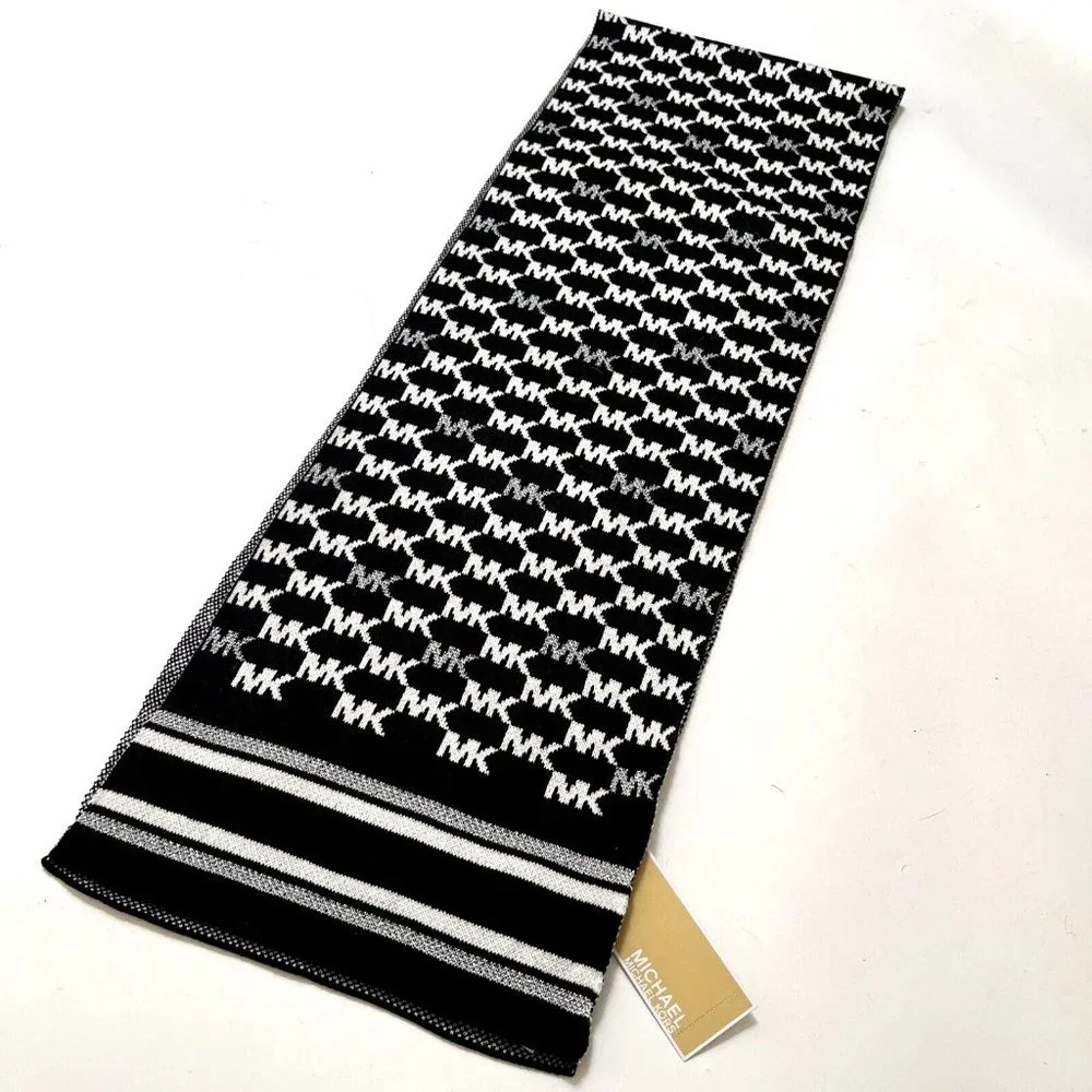 Michael Kors MK Logo Knit Scarf Black White Silver Unisex NWT 11