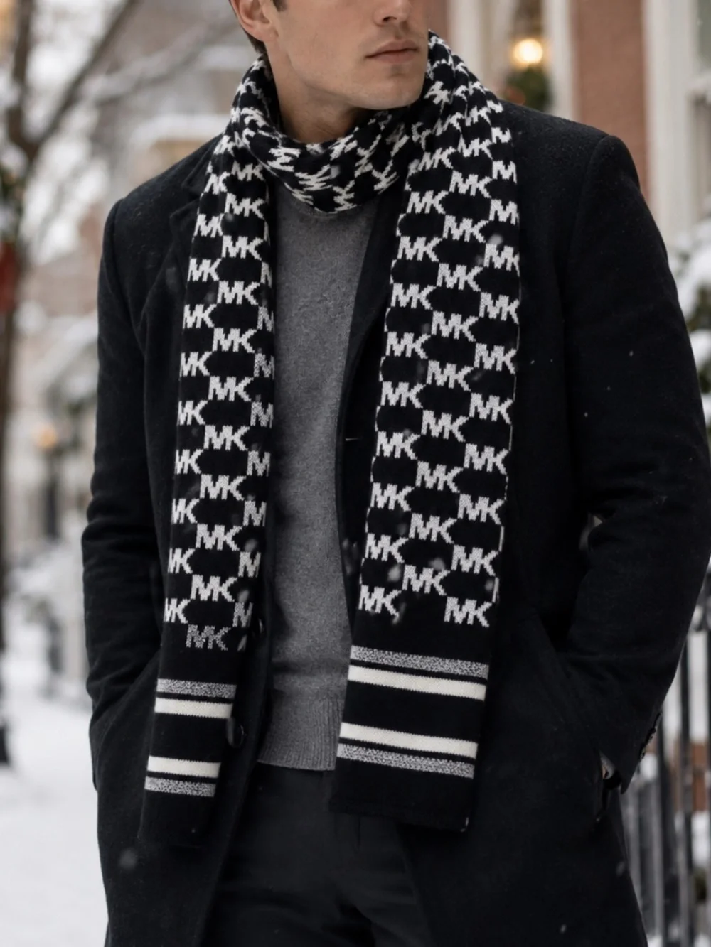 Michael Kors MK Logo Knit Scarf Black White Silver Unisex NWT 11
