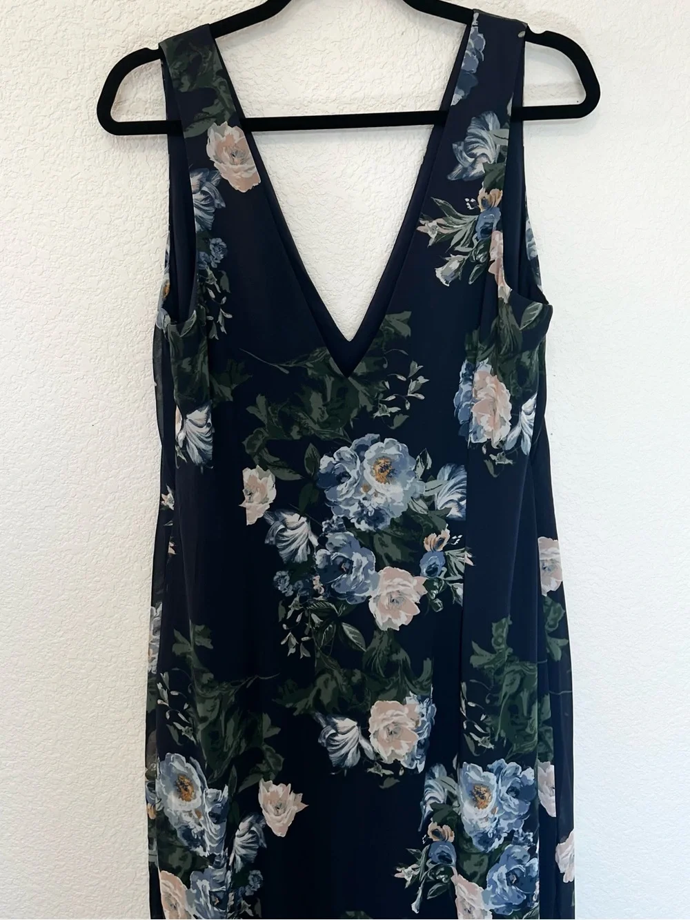 Abercrombie Dark Indigo Floral Plunge Godet Skirt Maxi Dress- Size Large Tall