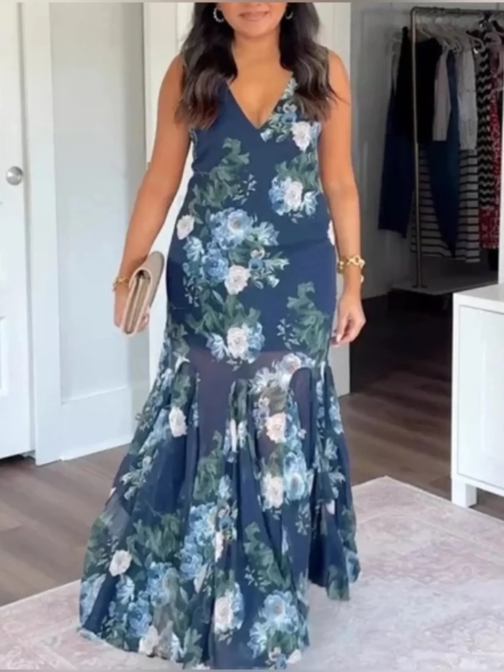 Abercrombie Dark Indigo Floral Plunge Godet Skirt Maxi Dress- Size Large Tall