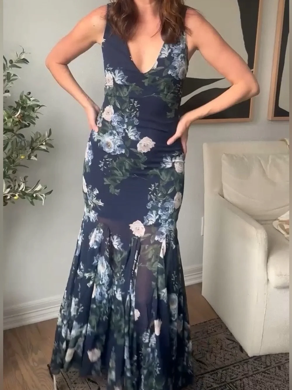 Abercrombie Dark Indigo Floral Plunge Godet Skirt Maxi Dress- Size Large Tall