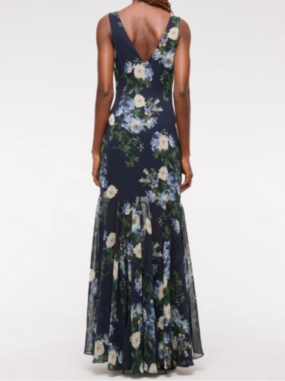 Abercrombie Dark Indigo Floral Plunge Godet Skirt Maxi Dress- Size Large Tall