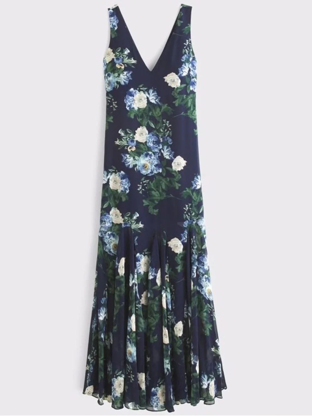Abercrombie Dark Indigo Floral Plunge Godet Skirt Maxi Dress- Size Large Tall