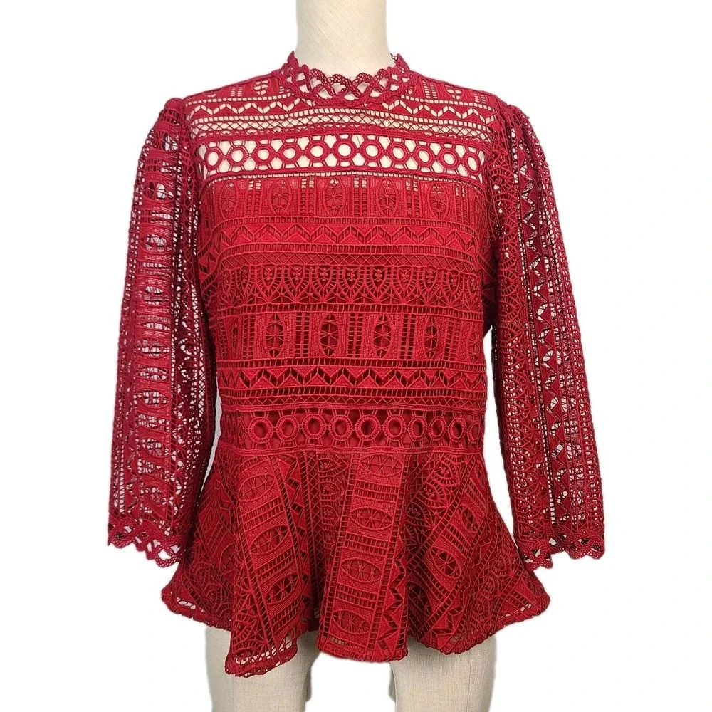 Moulinette Soeurs Anthropologie Red Crochet Lace Peplum Blouse Romantic‎ Boho 10