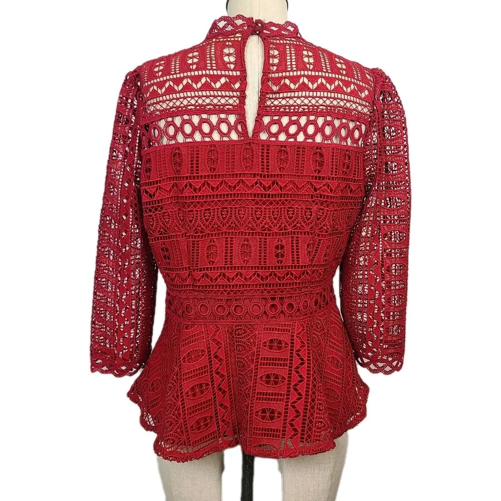 Moulinette Soeurs Anthropologie Red Crochet Lace Peplum Blouse Romantic‎ Boho 10