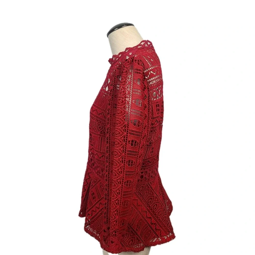 Moulinette Soeurs Anthropologie Red Crochet Lace Peplum Blouse Romantic‎ Boho 10