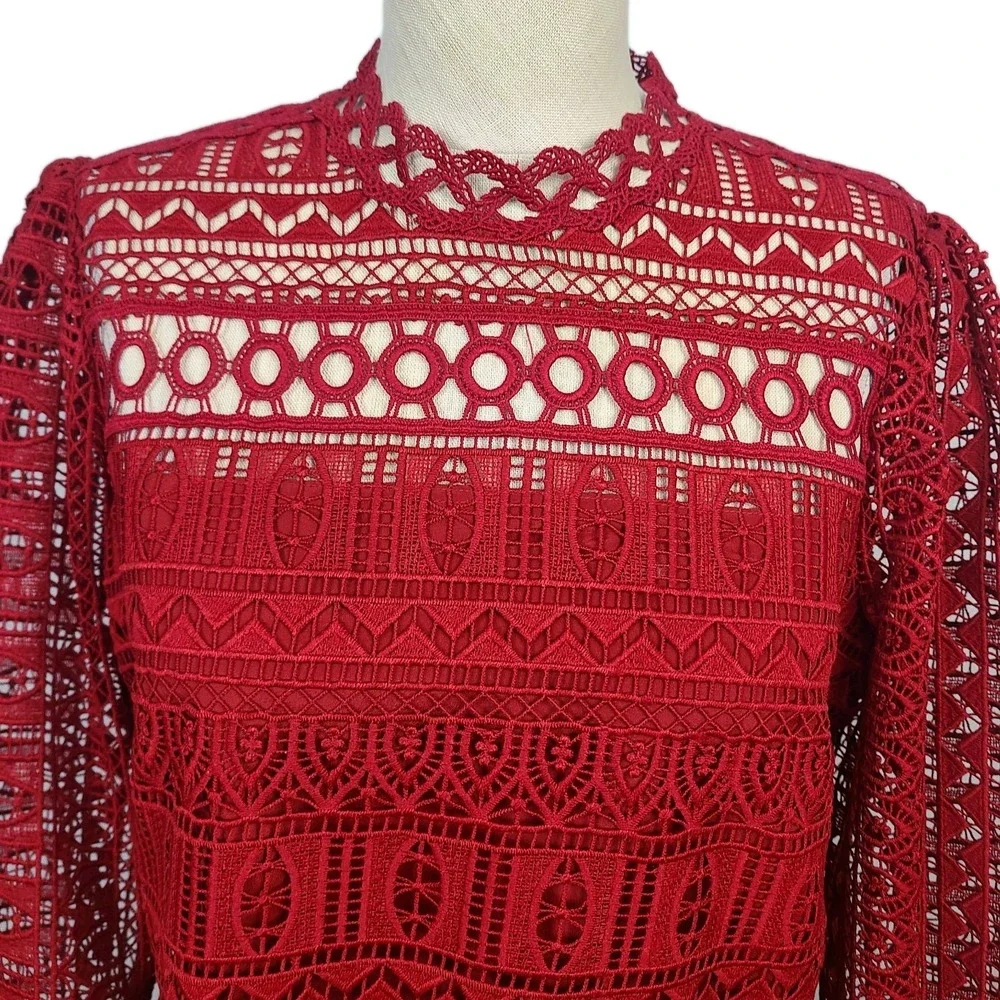 Moulinette Soeurs Anthropologie Red Crochet Lace Peplum Blouse Romantic‎ Boho 10
