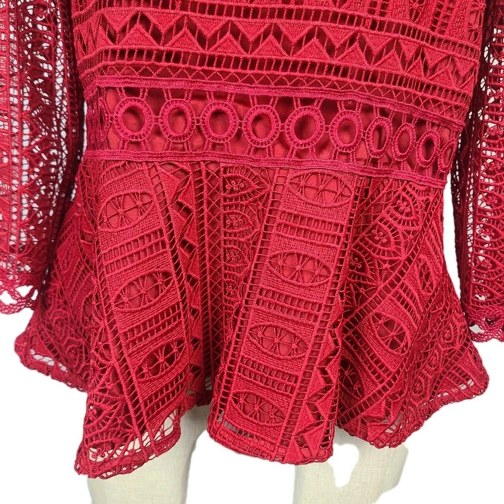 Moulinette Soeurs Anthropologie Red Crochet Lace Peplum Blouse Romantic‎ Boho 10