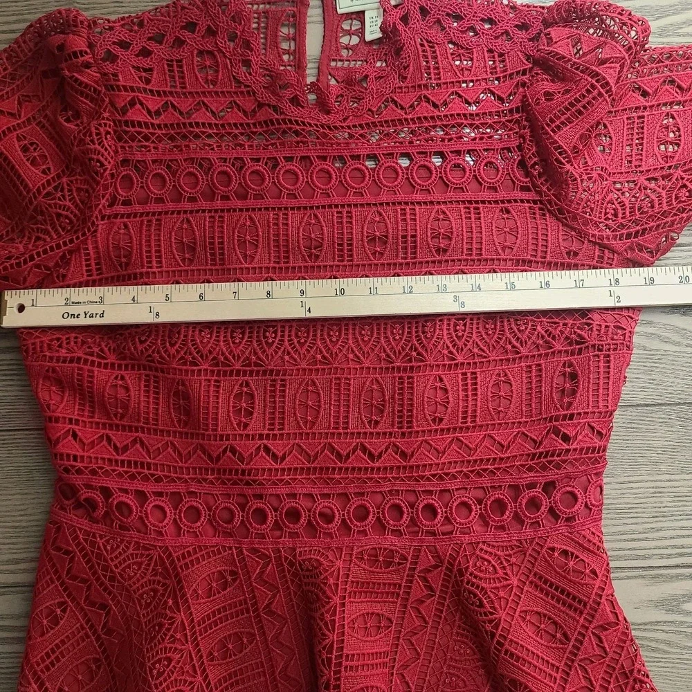 Moulinette Soeurs Anthropologie Red Crochet Lace Peplum Blouse Romantic‎ Boho 10
