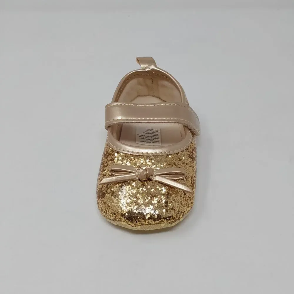 Baby Girls Gold Glitter Mary Jane Crib Shoes Bow Hook Loop Size 6 Baby