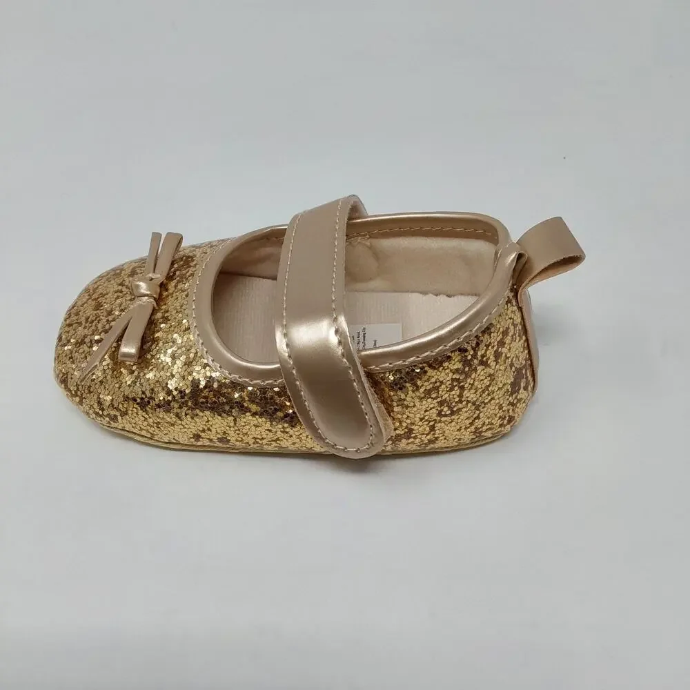 Baby Girls Gold Glitter Mary Jane Crib Shoes Bow Hook Loop Size 6 Baby