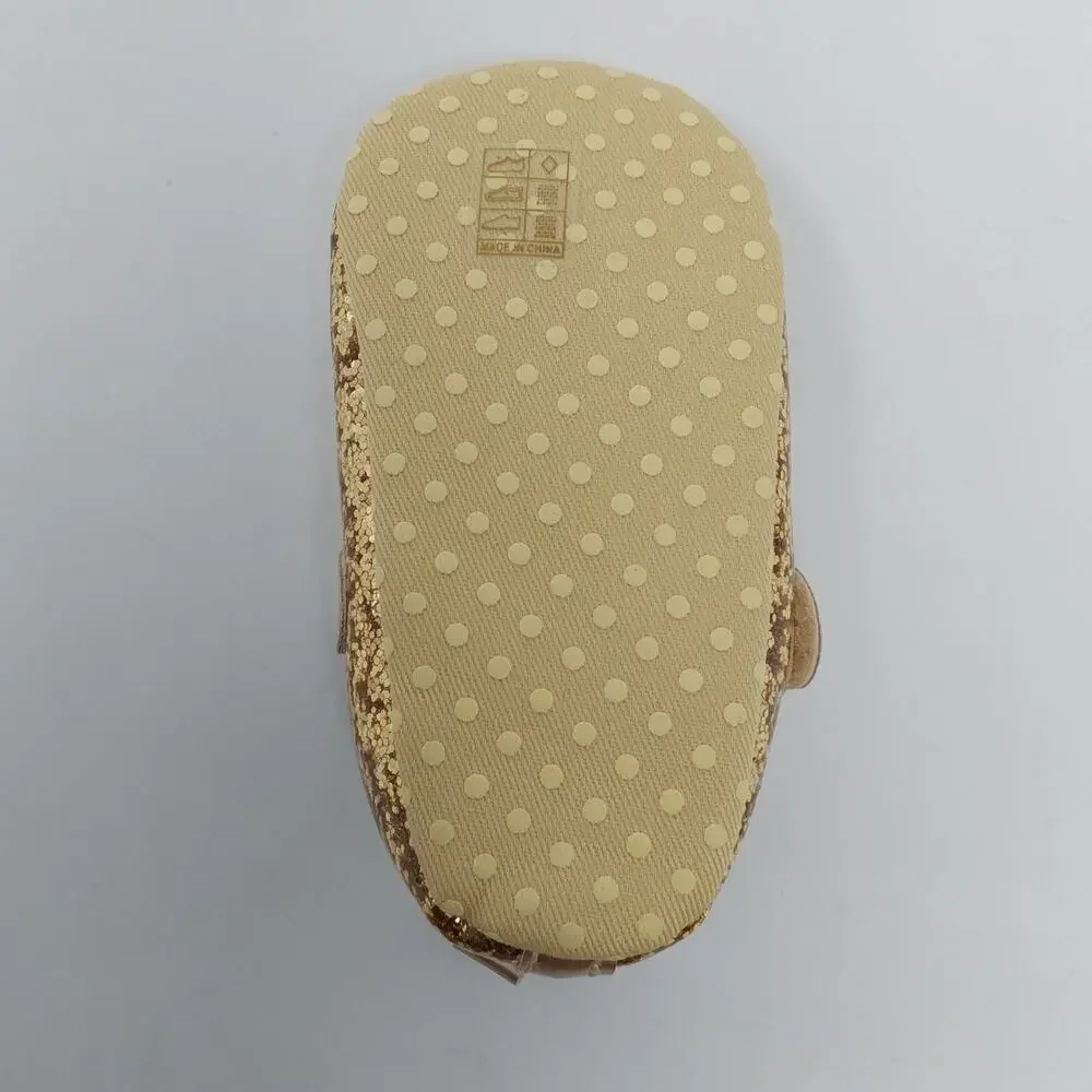 Baby Girls Gold Glitter Mary Jane Crib Shoes Bow Hook Loop Size 6 Baby