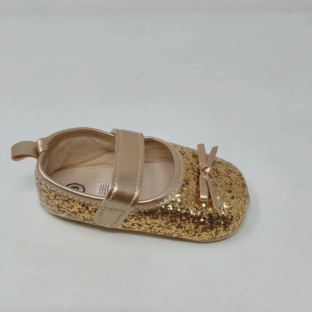Baby Girls Gold Glitter Mary Jane Crib Shoes Bow Hook Loop Size 6 Baby