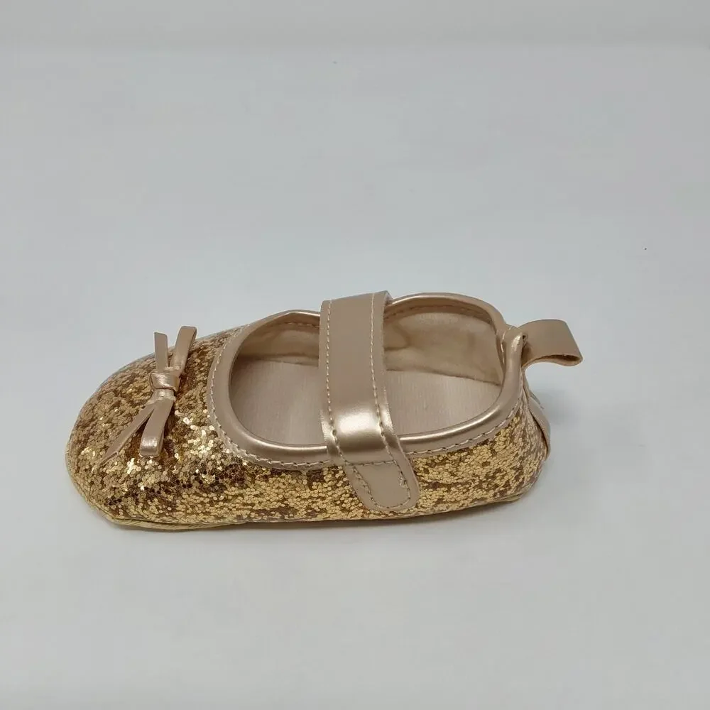 Baby Girls Gold Glitter Mary Jane Crib Shoes Bow Hook Loop Size 6 Baby