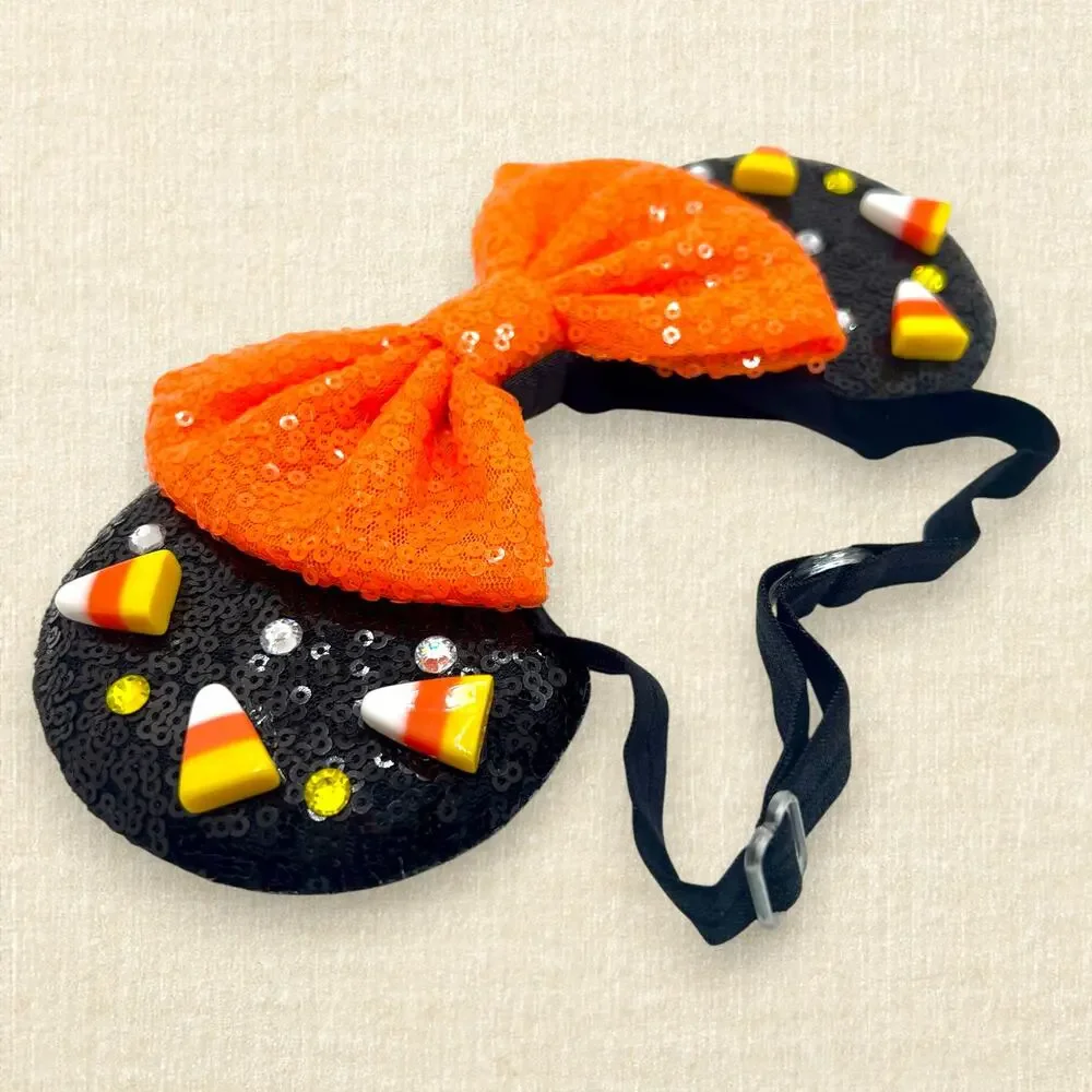 Elastic Black Sequin Candy Corn Minnie Ears | Disney-Inspired Mouse Ears
