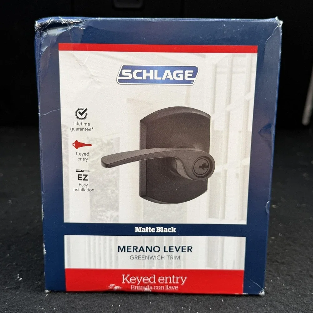Schlage Merano Keyed Entry Door Lever Matte Black Greenwich Trim F51A G MER 622