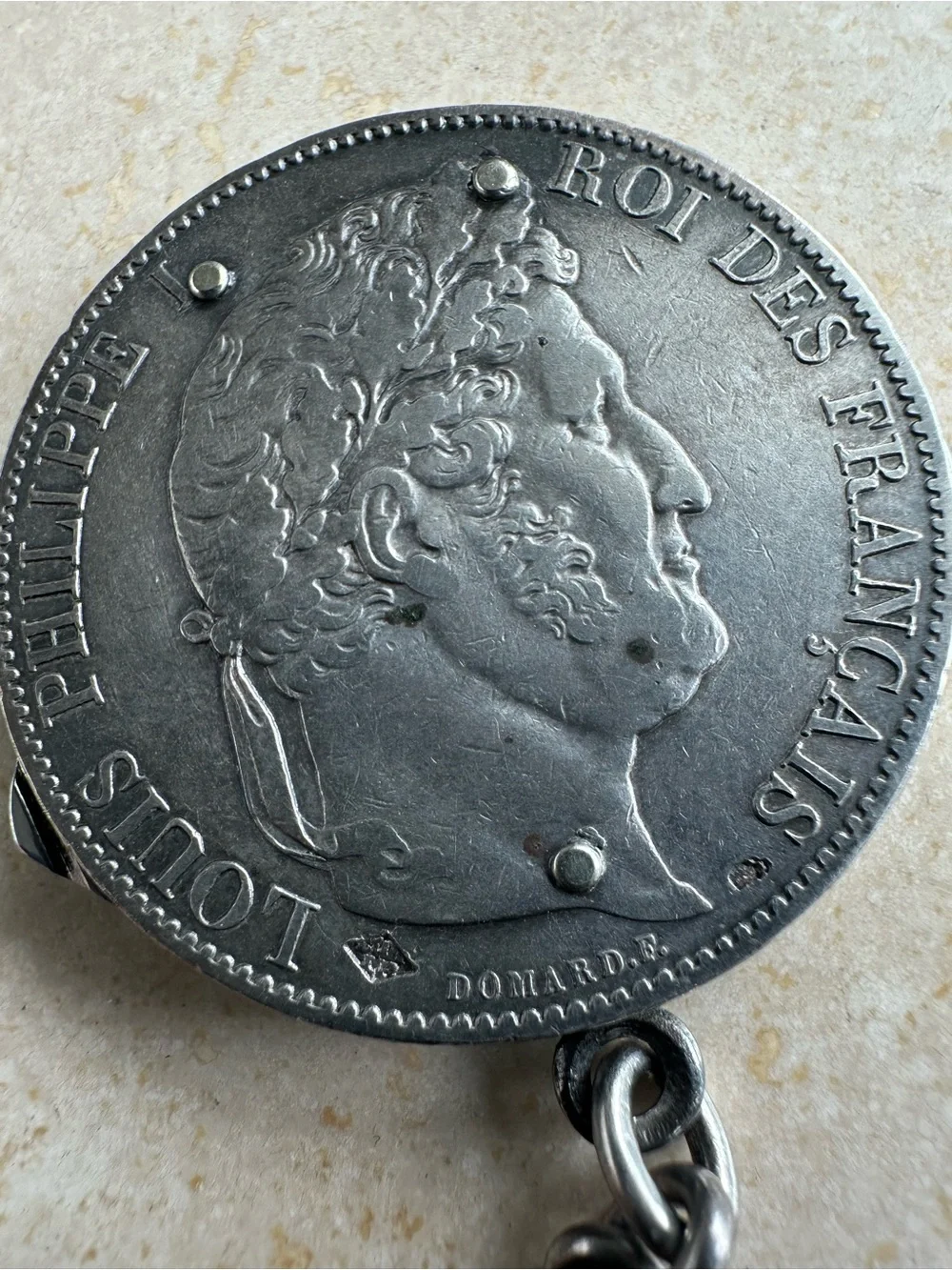 Antique French 5 francs coin mounted on pocket tool fob