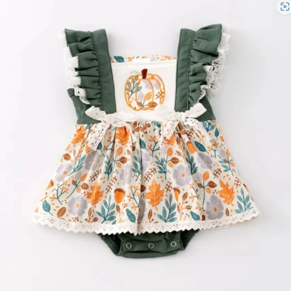 Boutique Baby Girls Floral Pumpkin Romper Jumpsuit Dress
