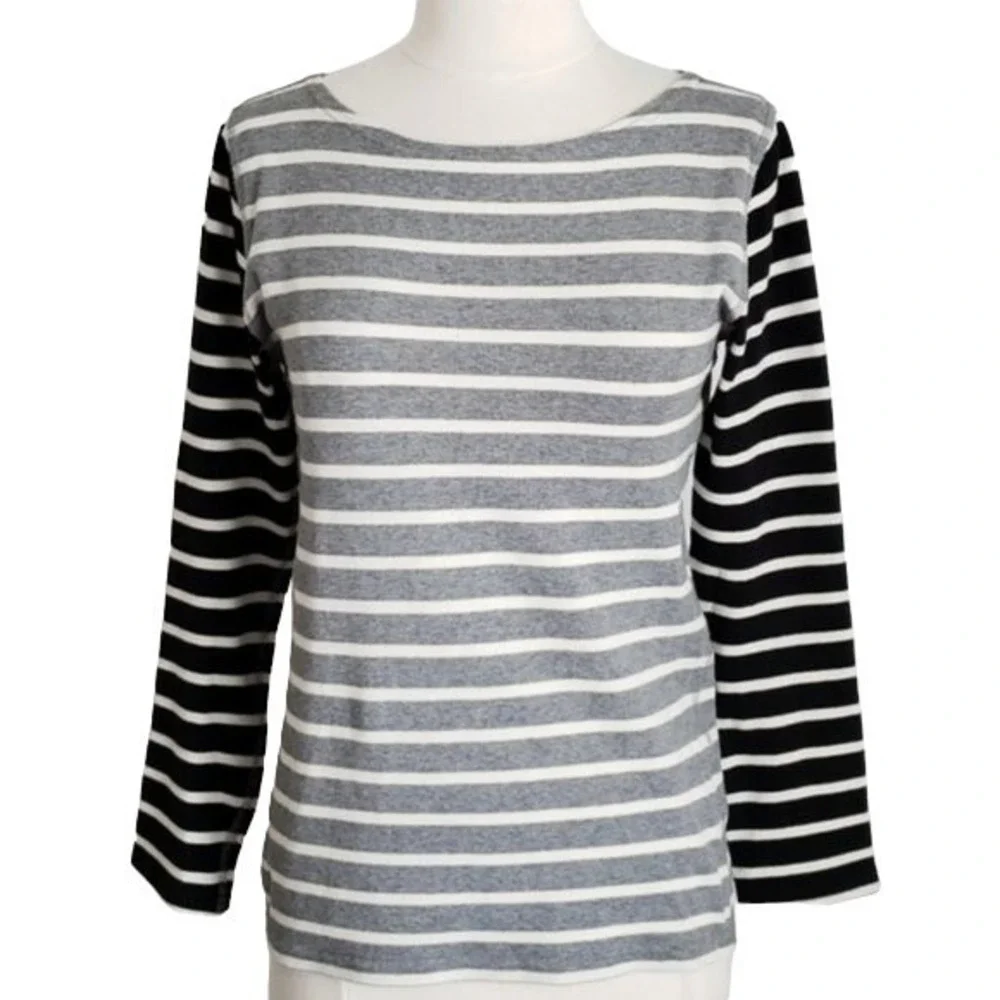 J Crew Gray/Black/White Striped Gray & Black Waffle Long-Sleeve Top-‎ Small, S