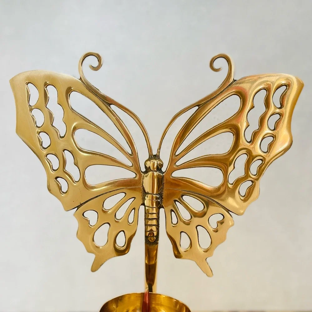 Vintage Tall Brass Butterfly Reflector Candlestick Candle Holder Korea MCM