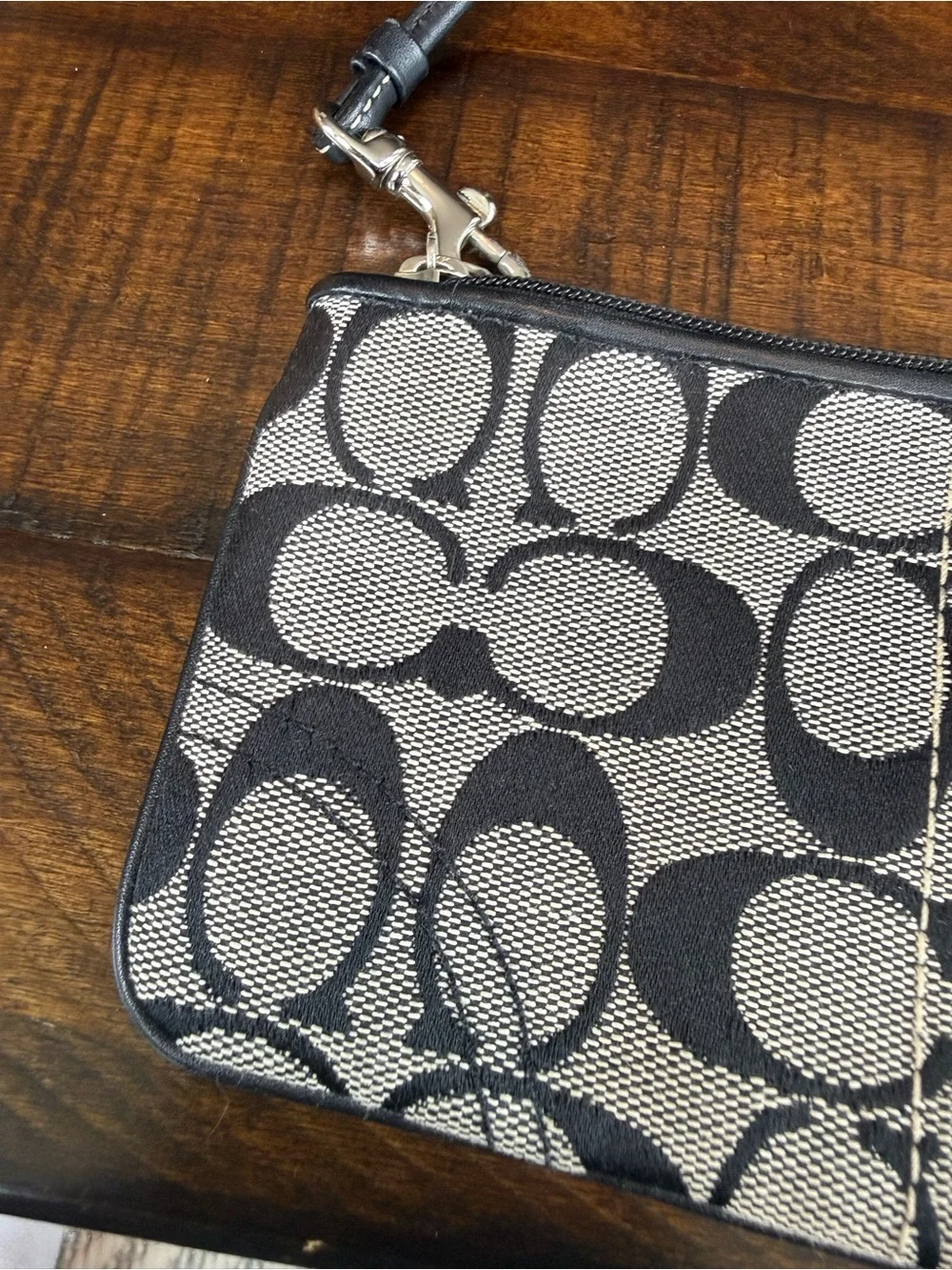 Coach Black and Cream Signature Canvas Wristlet