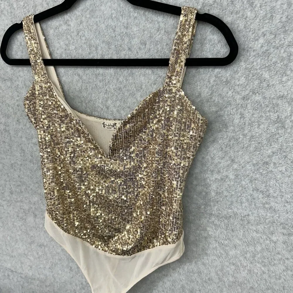 FREE PEOPLE Size Small intimately sparks fly sequin thong bodysuit in Gold