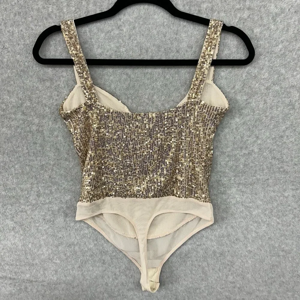 FREE PEOPLE Size Small intimately sparks fly sequin thong bodysuit in Gold