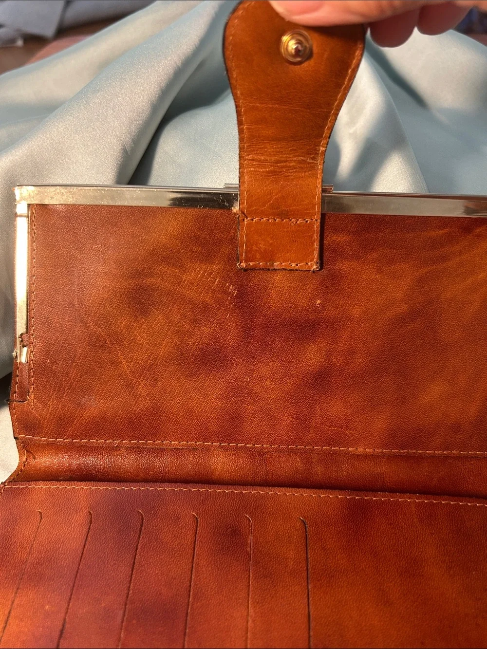 Italian Leather Wallet w/ kiss lock closure, in Cognac Brown