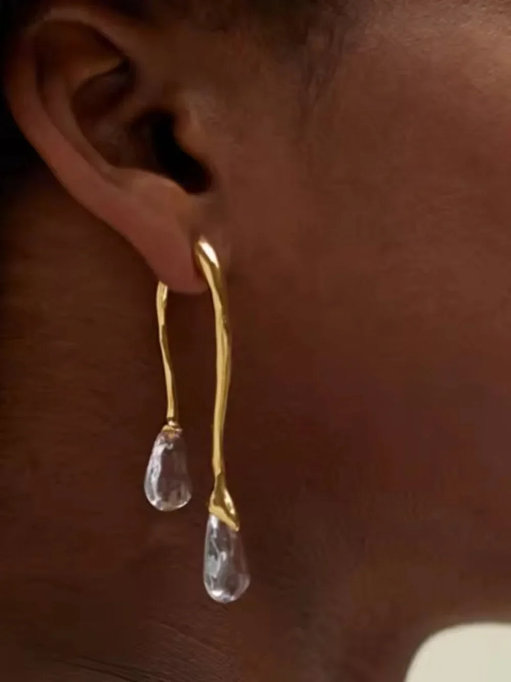 Gold Tone Organic Teardrop Crystal Drop Earrings Modern Statement NEW