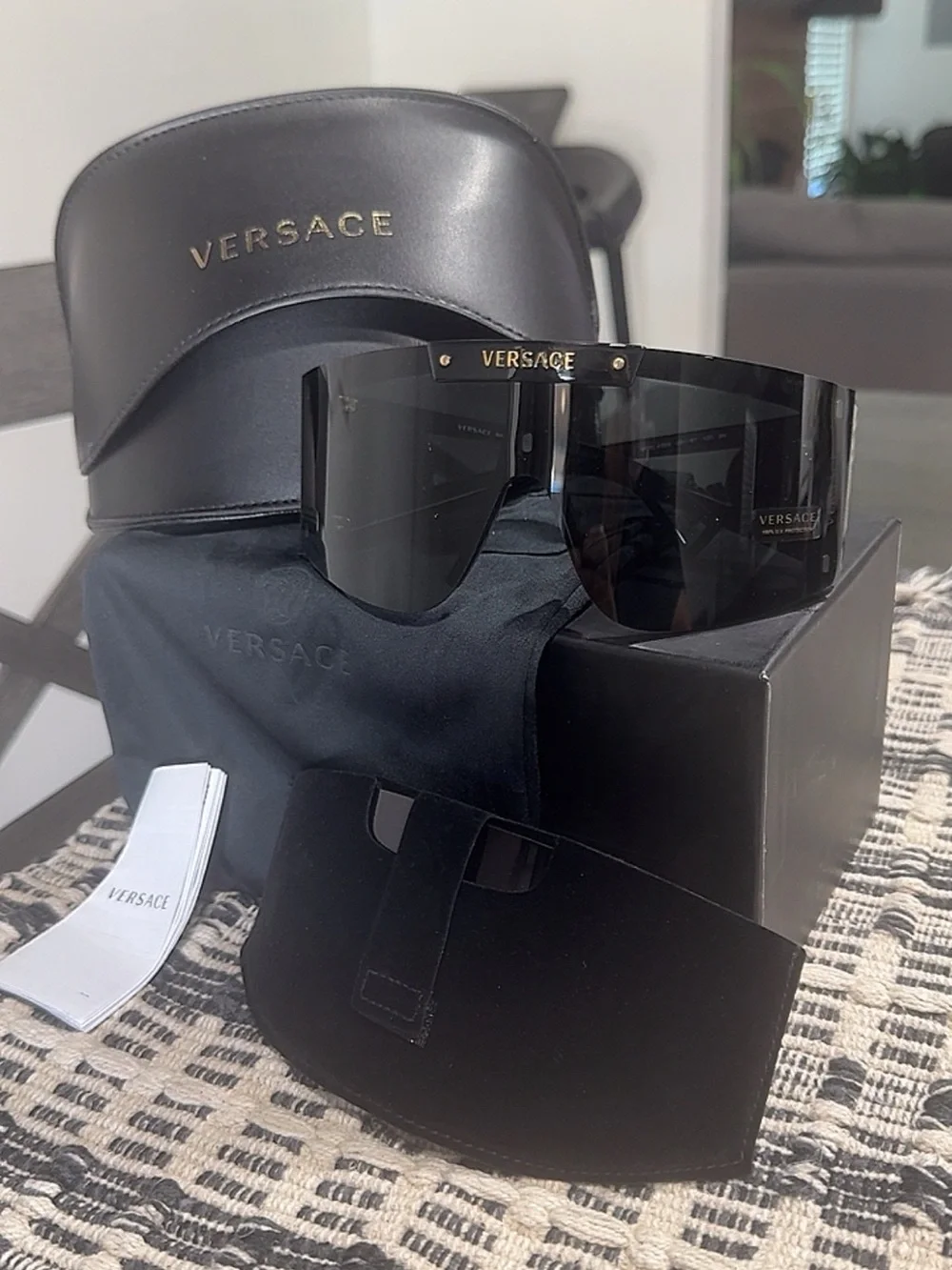 Versace Men’s Black Frameless Shield Sunglasses with Logo