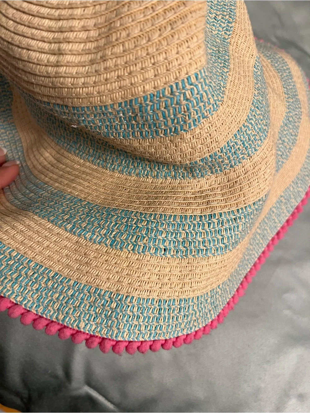 Kids girls Striped Straw Sun Hat with Pink Pom Trim