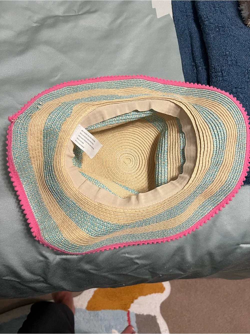 Kids girls Striped Straw Sun Hat with Pink Pom Trim