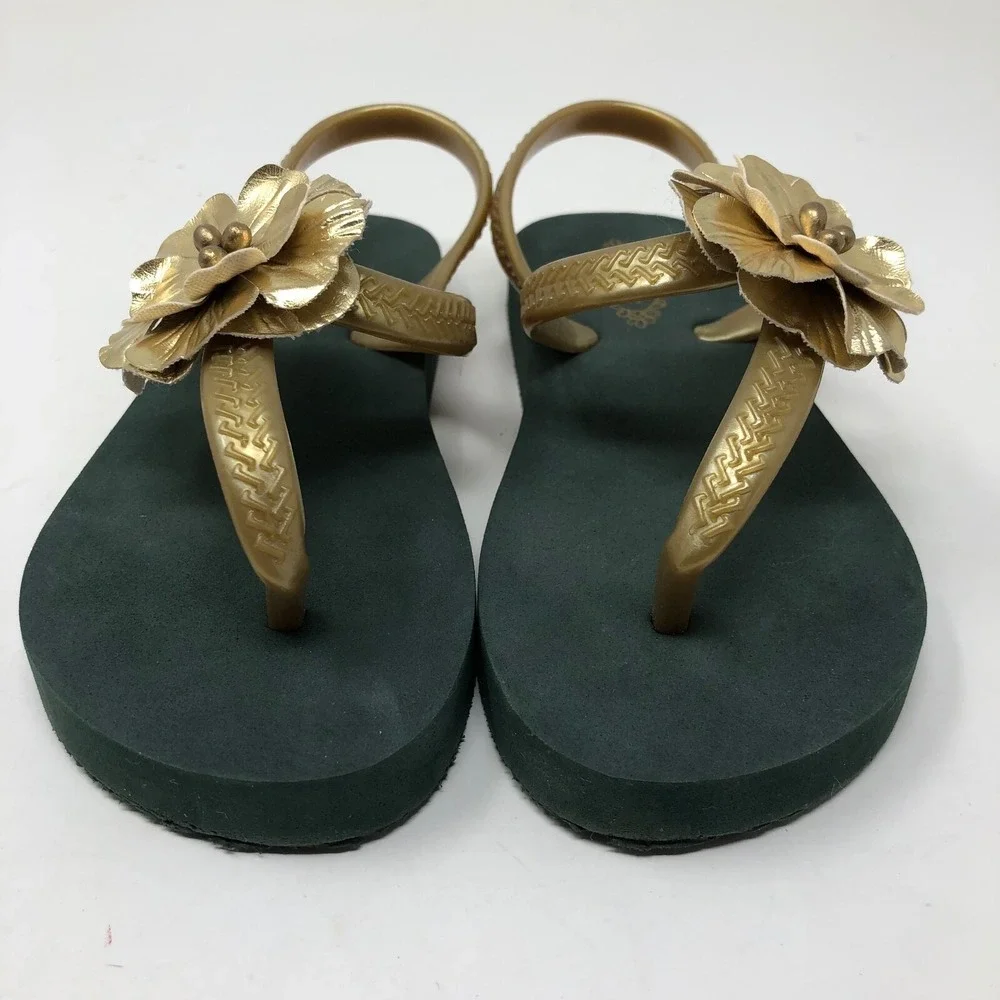 Joy Folie Verena Forest Green Gold Floral Flip Flops Girls 11 12 Sandal