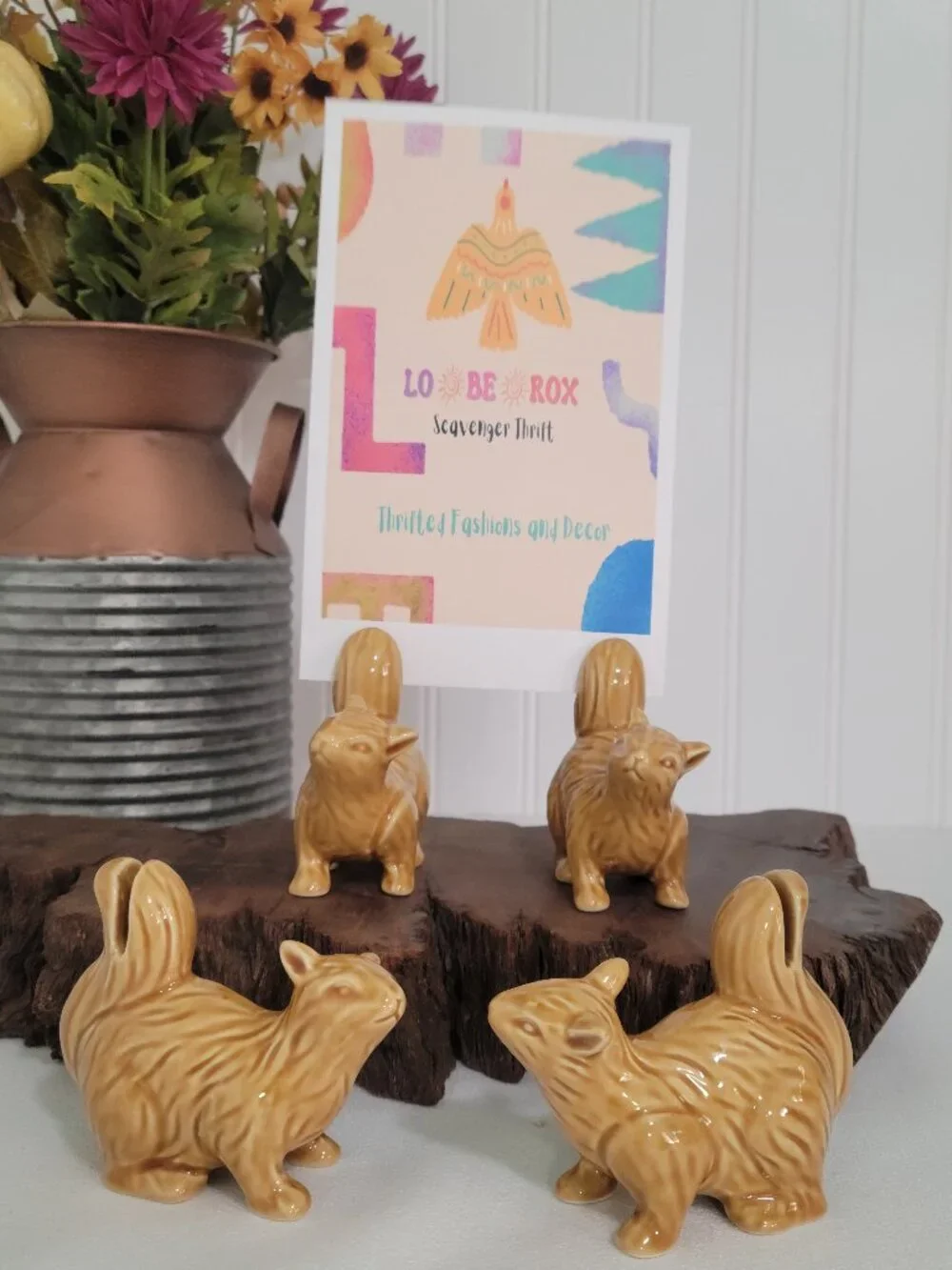 Vtg Retro Kitschy Cottagecore Woodland Ceramic Squirrel Placecard Holders Set 4