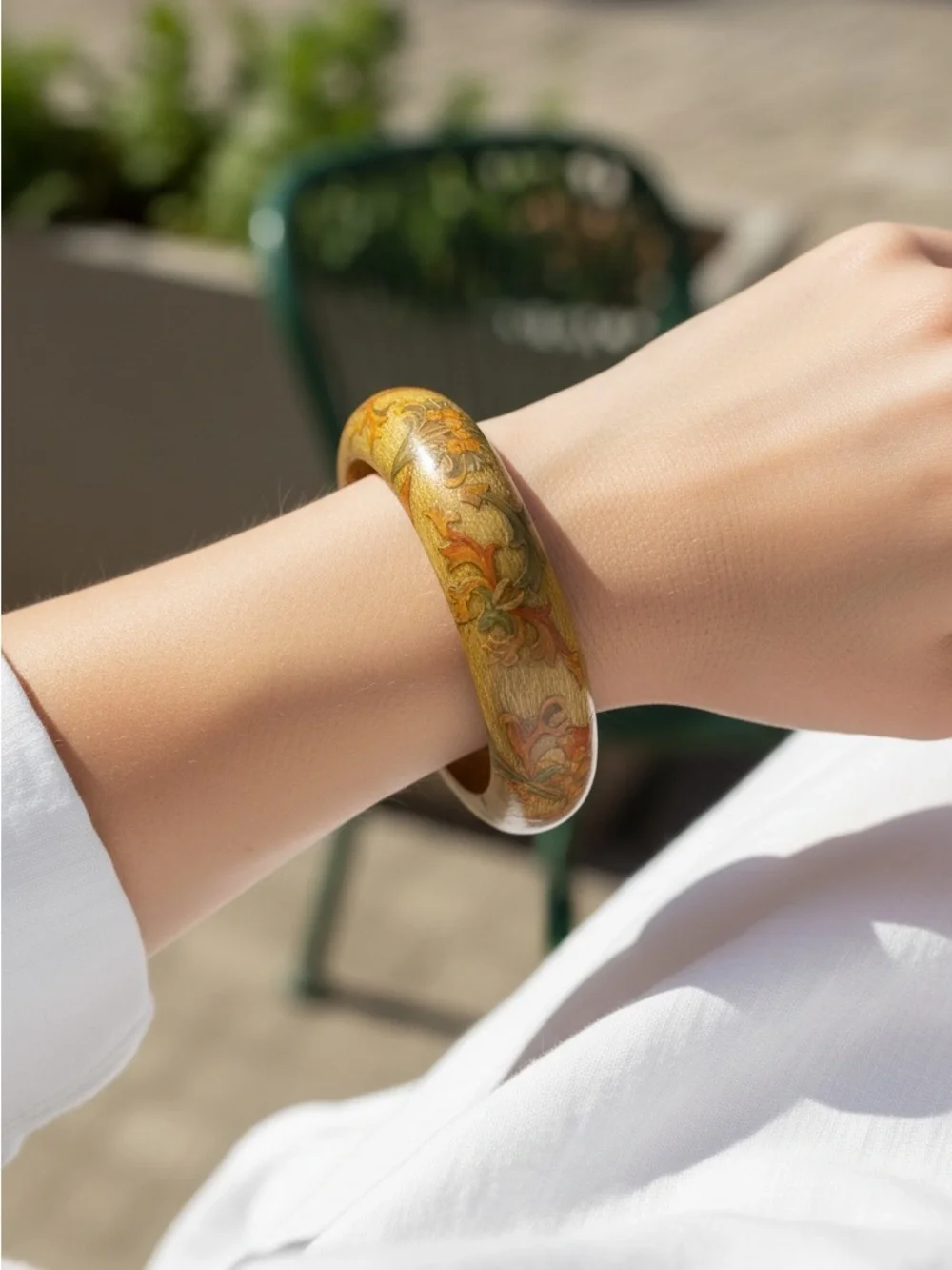8/20 Hand-Painted Floral Yellow Resin Bangle Bracelet - Women Jewelry