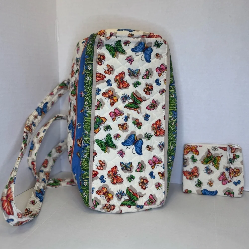 Quilted Cotton Duffle Bag with Coin Purse. Butterfly Garden Motif