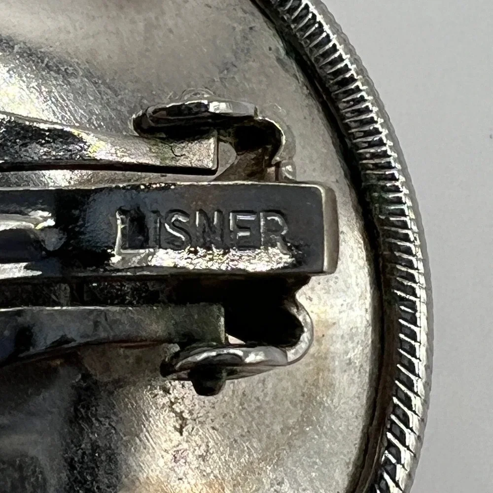Vintage Lisner Earrings Clip‎ On Brushed Silver Button