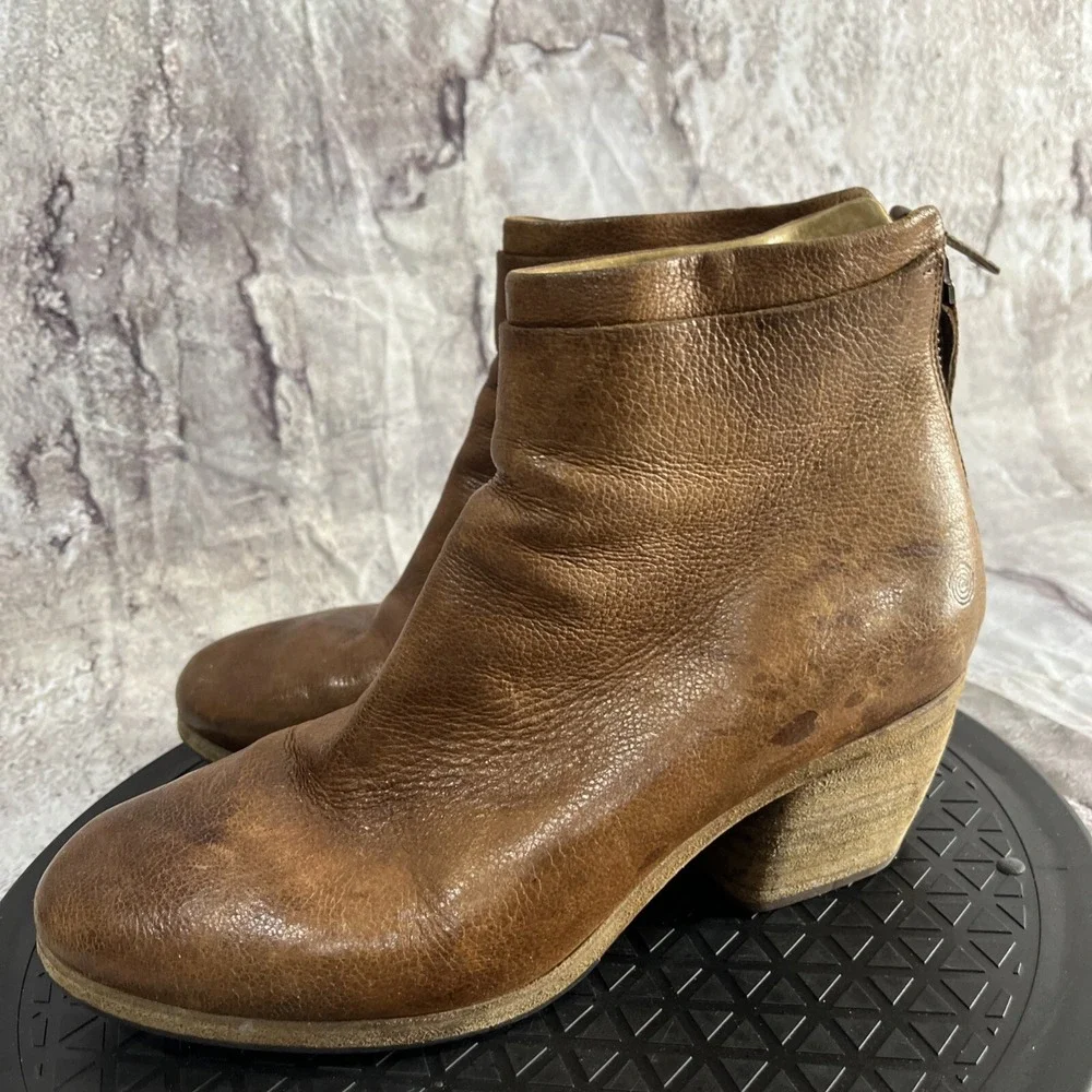 Marsell Ankle Boots Women 35.5 Brown Leather Back Zip Stacked Block Heel Italian