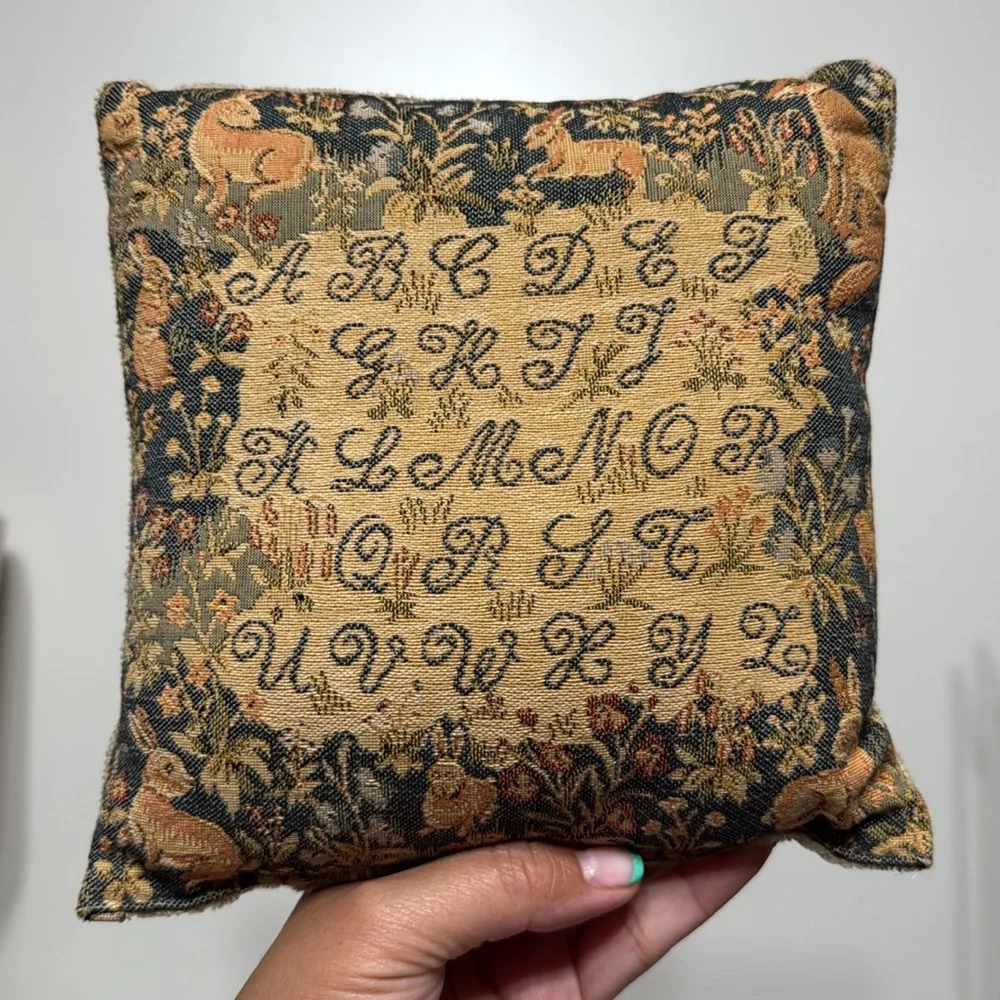Vintage Tapestry Alphabet Fox and Rabbits Pillow